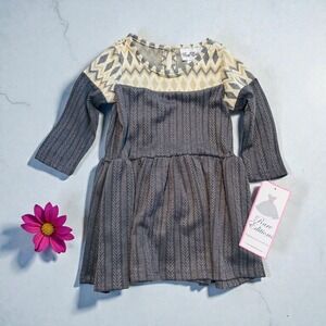 Rare Editions Girls 2T Gray Mixed Print Drop Waist Rib Knit Dress